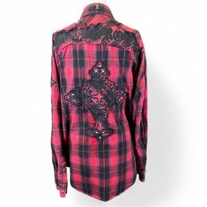 Rock And Roll Cowboy Shirt Men’s XL Red Plaid Embroidered Snap Western Rock
